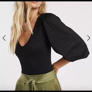 Black Bodysuit with Balloon Sleeves